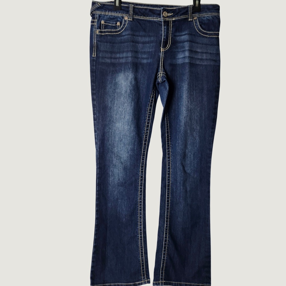 Maurices Women Dark Wash Thick Stitch Y2K Bootcut Jeans Size 11/12 2000s Stretch